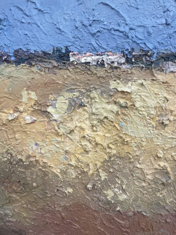 Close-up of abstract landscape oil painting on canvas by Agostino Veroni. Heavy impasto palette knife detail showing vertical layers of terracotta, ochre, dark horizon, and blue sky.