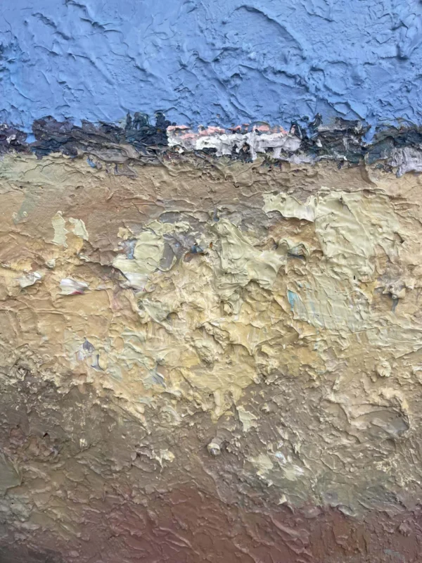 Close-up of abstract landscape oil painting on canvas by Agostino Veroni. Heavy impasto palette knife detail showing vertical layers of terracotta, ochre, dark horizon, and blue sky.