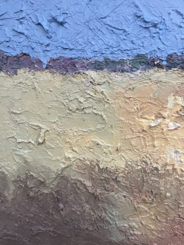Close-up of abstract landscape oil painting on canvas by Agostino Veroni. Heavy impasto palette knife macro detail showing rich textured layers of ochre field, dark horizon, and light blue sky.