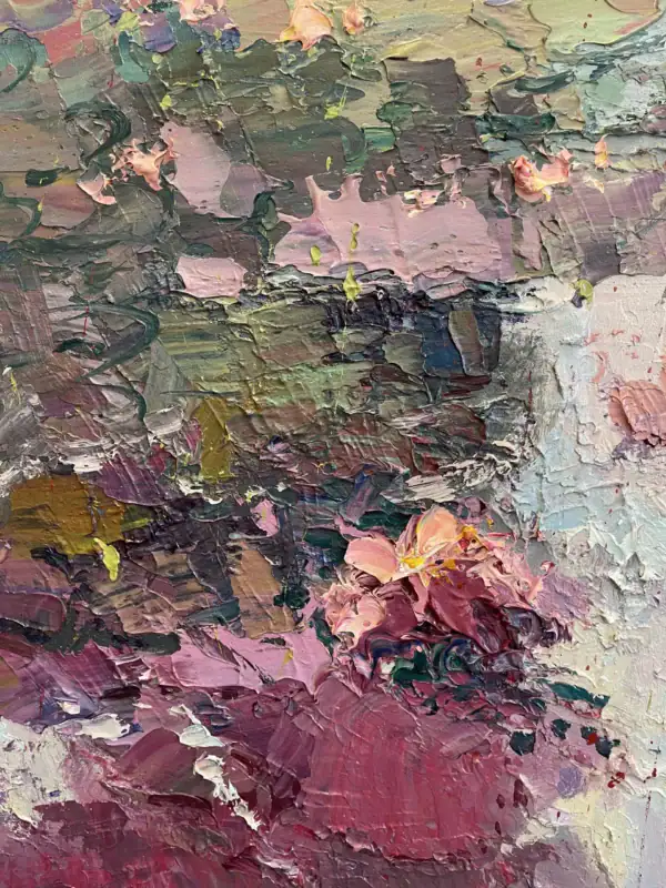 Detailed shot of the floral impasto and the light reflections on the painted water surface, showcasing the artist's signature palette knife technique.