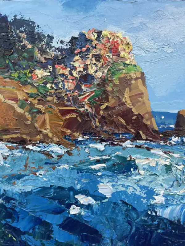 Detailed view of the crashing turquoise waves and white sea foam, highlighting the heavy impasto and energetic movement of the water.