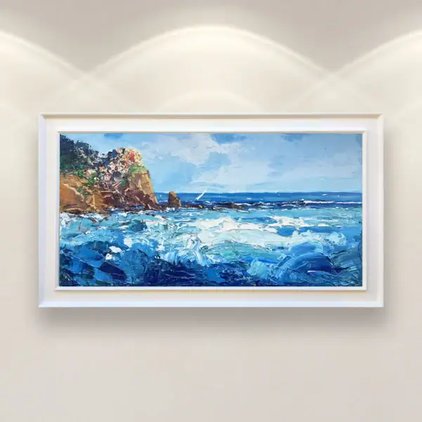 Horizontal Manarola seascape painting by Agostino Veroni, perfectly framed and enhancing a contemporary home gallery wall.