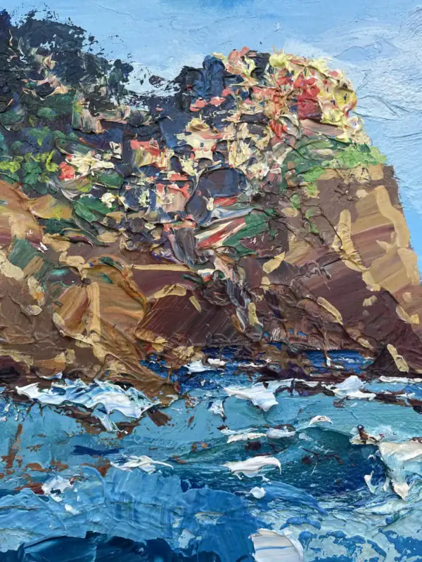 Close-up of the rugged Manarola cliffs in Cinque Terre, showing the colorful houses and thick palette knife texture on the rocks.