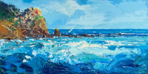 Original horizontal oil painting of Manarola in Cinque Terre by Agostino Veroni, featuring crashing turquoise waves, rocky cliffs, and a bright blue sky with heavy palette knife texture.