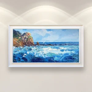 Manarola seascape oil painting on canvas displayed in a modern interior, featuring dynamic blue sea waves and a rocky Cinque Terre coastline.