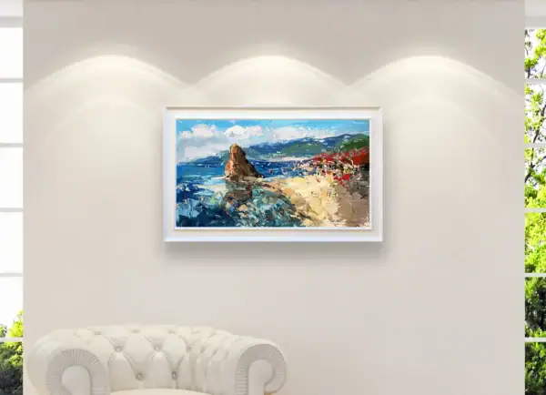 Horizontal Monterosso beach painting by Agostino Veroni, perfectly framed and enhancing a contemporary wall.