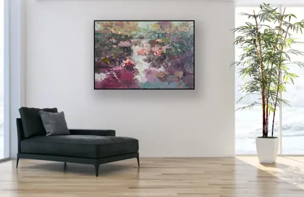 Original water lilies painting hanging in a bright, modern minimalist room next to a black designer chaise longue and a tall indoor plant.