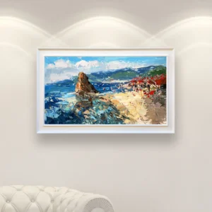 Monterosso beach oil painting on canvas displayed in a bright interior, featuring an open sandy shoreline, luminous sea colors, and modern impressionist style.
