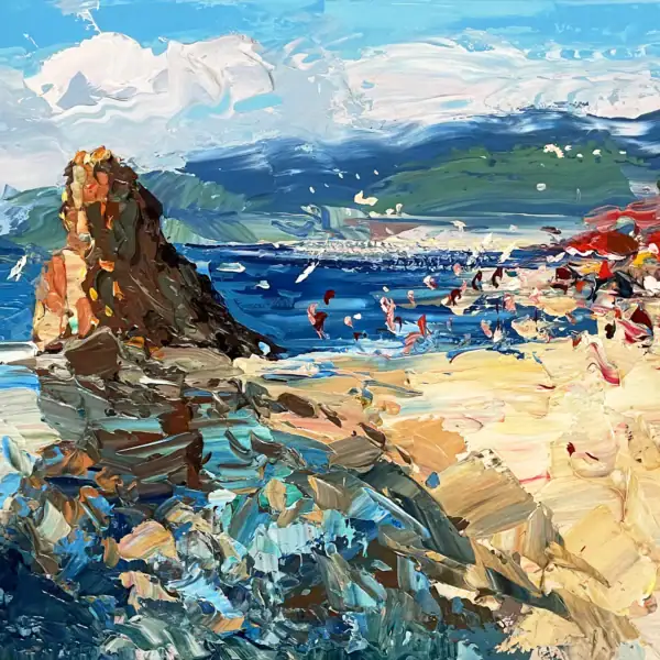 Close-up of Monterosso beach, showing colorful umbrellas and rocky cliffs with thick palette knife texture.
