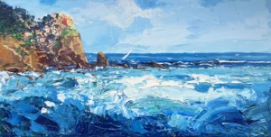 Original horizontal oil painting of Manarola in Cinque Terre by Agostino Veroni, featuring crashing turquoise waves, rocky cliffs, and a bright blue sky with heavy palette knife texture.