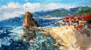 Original horizontal oil painting of Monterosso in Cinque Terre by Agostino Veroni, featuring a crowded beach with colorful umbrellas, turquoise sea, and rocky cliffs with thick palette knife texture.