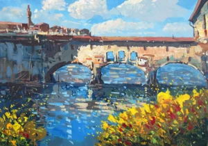 Original horizontal oil painting of Ponte Vecchio in Florence by Agostino Veroni, featuring colorful building reflections in the Arno river and vibrant yellow flowers with heavy palette knife texture.
