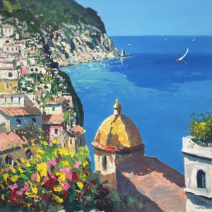 Original Positano oil painting by Agostino Veroni, featuring the iconic golden church dome and colorful houses overlooking a vast deep blue sea with small white sailboats under a clear sky.