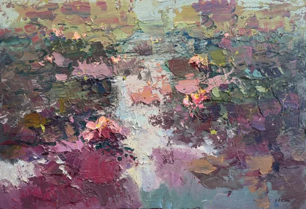 An original horizontal oil painting of water lilies by Agostino Veroni, featuring a dynamic composition of vibrant pink flowers and emerald green lily pads on a dark textured background, created with a heavy impasto palette knife technique.