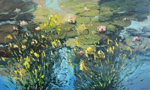 Original horizontal oil painting of water lilies on a pond by Agostino Veroni, featuring pink flowers, yellow irises, and deep blue water with heavy palette knife impasto.