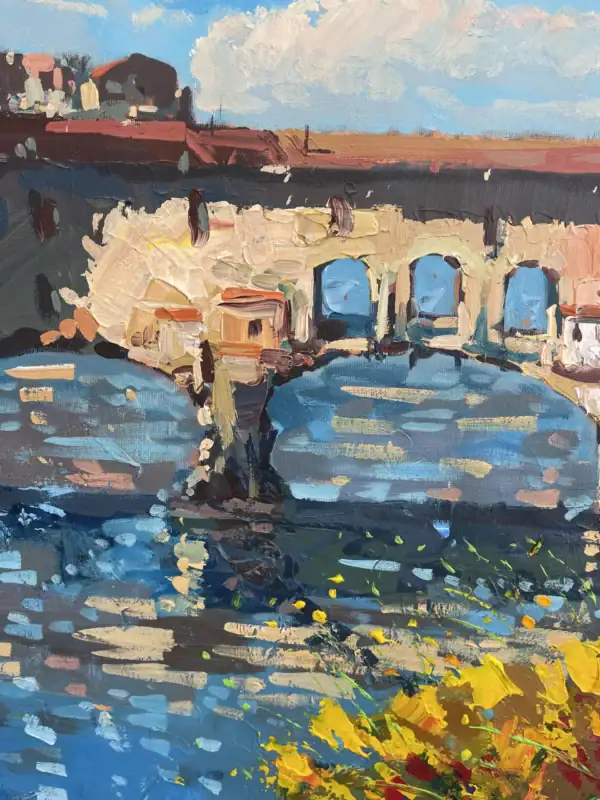 Close-up of the architectural arches of Ponte Vecchio, showing the thick palette knife texture and shimmering water reflections.