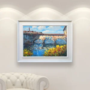Ponte Vecchio Florence iconic view oil painting on canvas displayed in a refined interior, showing the historic bridge reflected in the Arno River with balanced composition and rich blue tones.
