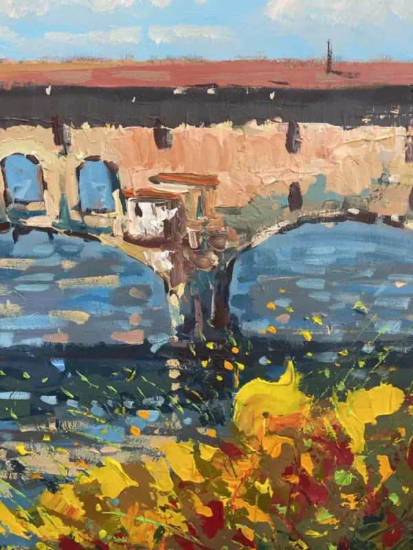 Macro shot of the oil paint layers on the bridge and river, showing the blend of warm and cool tones with a professional palette knife finish.