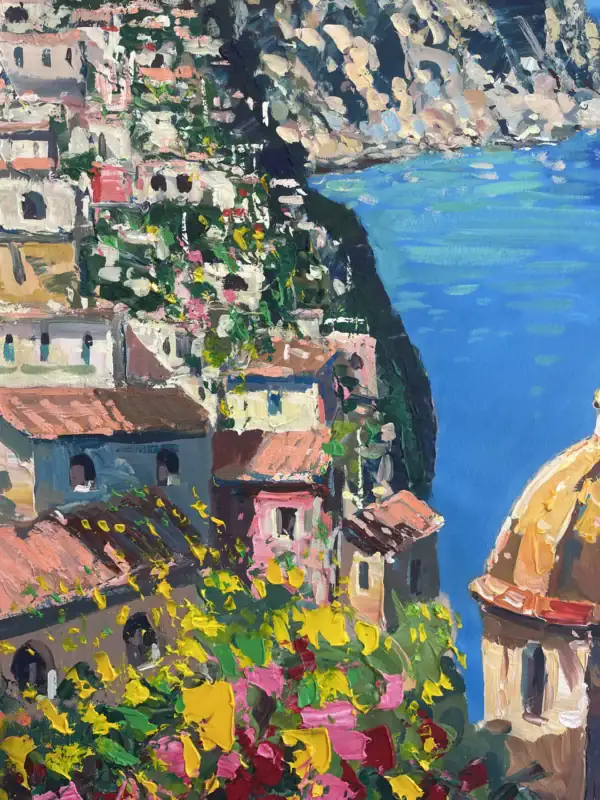 Close-up of the golden church dome and bright flowers in an original Positano painting, highlighting the heavy impasto and expressive brushwork of Agostino Veroni.