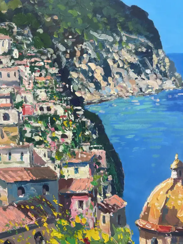 Close-up detail of a Positano oil painting showing the colorful Mediterranean architecture and the vibrant blue sea with thick palette knife texture.