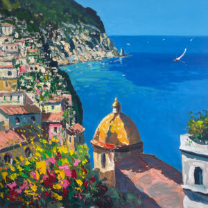 Original Positano oil painting by Agostino Veroni, featuring the iconic golden church dome and colorful houses overlooking a vast deep blue sea with small white sailboats under a clear sky.