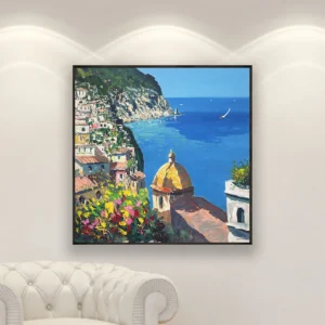 Positano panoramic view oil painting on canvas displayed in a bright interior, featuring a wide coastal panorama and modern impressionist style.