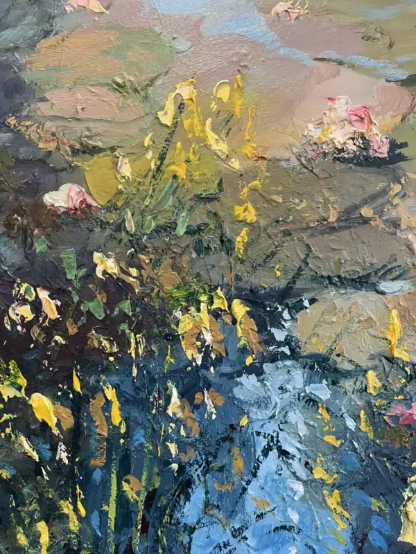 Close-up of a pink water lily petal and green lily pads, highlighting the vibrant texture and layered oil paint.