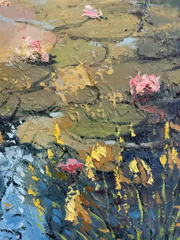 Detailed view of yellow iris flowers and blue water reflections, showing Agostino Veroni's thick palette knife impasto technique.