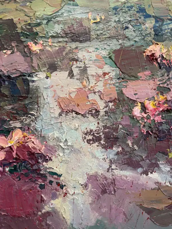 Close-up detail of the water lilies painting, highlighting the heavy impasto texture and the vibrant pink and purple palette knife strokes.