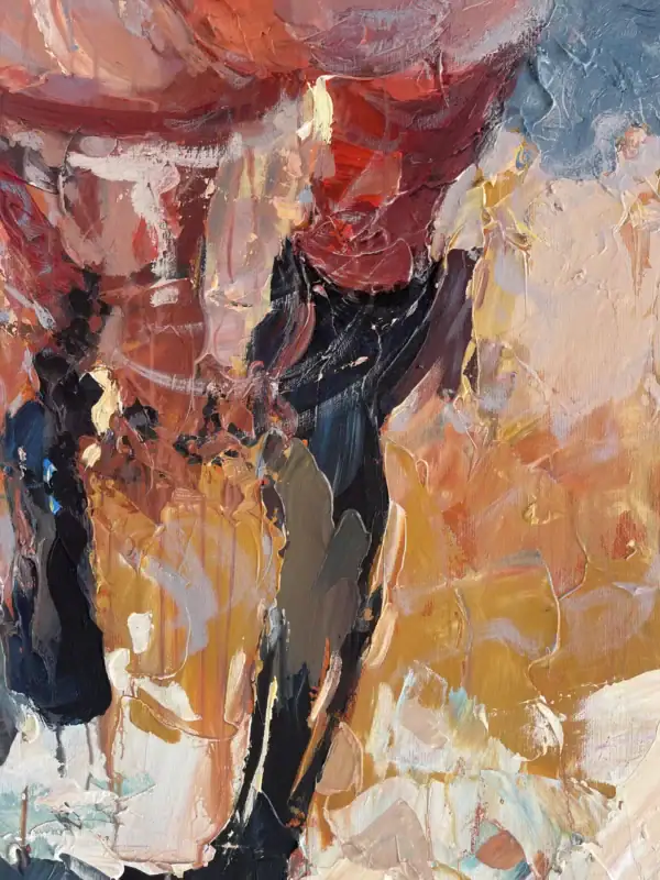 Close-up of the lower part of the back-view female figure, showing the dynamic dark brushstrokes and vibrant orange and blue highlights.