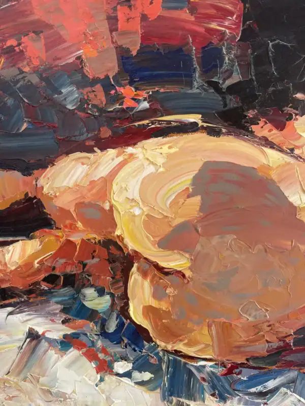 Close-up of the lower part of a reclining nude figure, showing the contrast between warm skin tones and the vibrant red and dark textured background.
