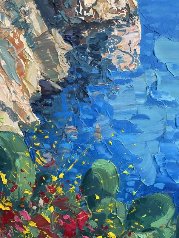 Detailed view of the colorful prickly pears and Mediterranean flora, showcasing the energetic brushstrokes and bright yellow and red tones.