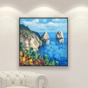Capri Faraglioni reflections oil painting on canvas displayed in a bright interior, featuring luminous water reflections and a modern impressionist style.