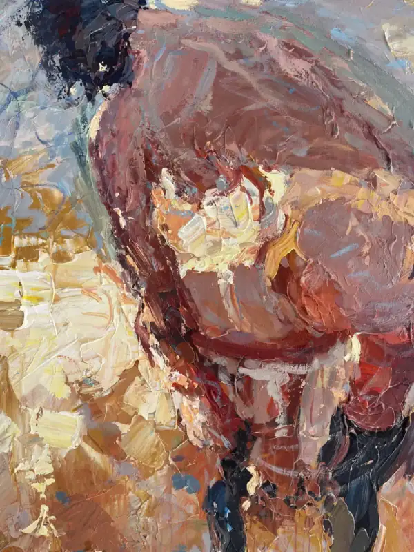 Detailed view of the upper back and shoulder of the reclining nude, showcasing the rich palette knife texture and masterly use of light.