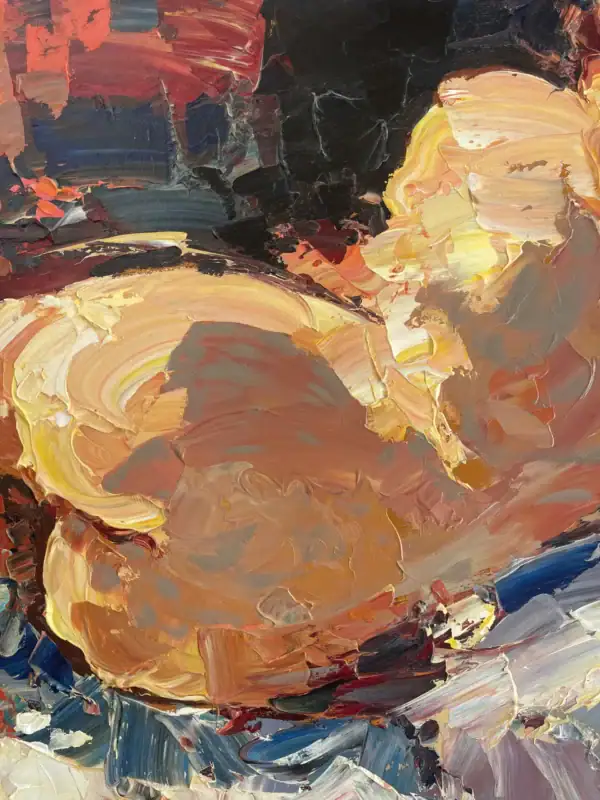 Detailed view of the central body of the reclining figure, highlighting the masterful play of light and the thick palette knife impasto texture.