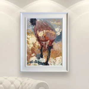 Vertical female nude figure oil painting on canvas displayed in an elegant interior, hand-painted artwork in a modern impressionist style with expressive texture.