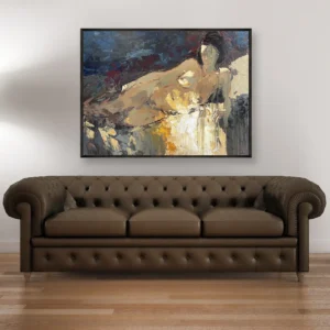 Female nude oil painting on canvas displayed above a classic sofa, featuring a reclining figure painted with expressive brushstrokes.