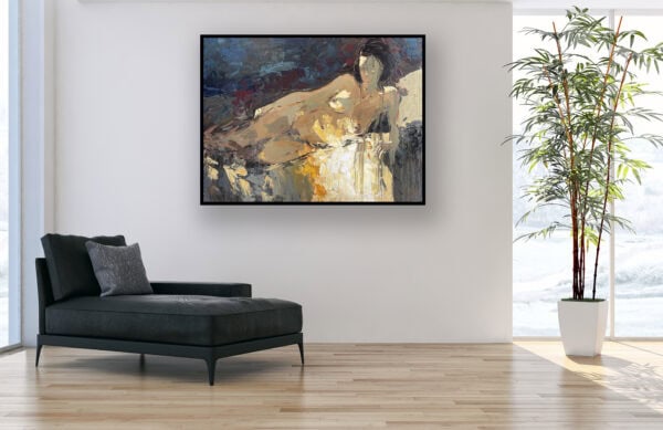 The original reclining woman oil painting displayed in a minimalist modern living room with a black chaise longue and bright wooden floors.