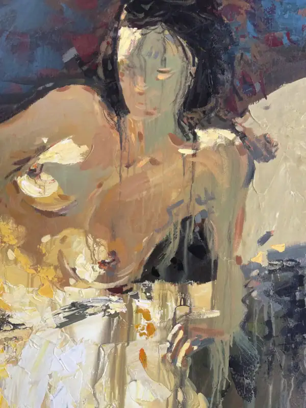 Close-up of the upper body and stylized face of the reclining woman, showcasing Agostino Veroni's expressive modern impressionist technique.