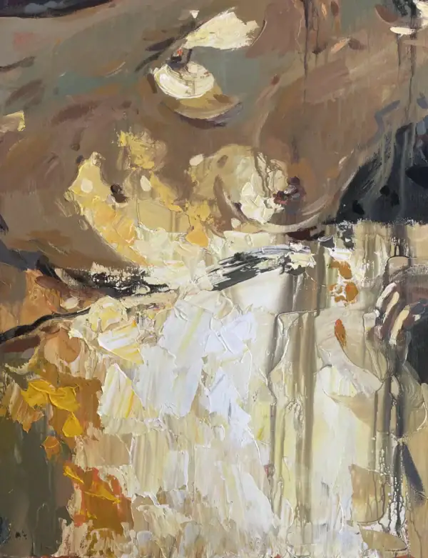 Close-up of the bright white and golden impasto strokes on the reclining figure, showing the thick palette knife texture and luminous highlights.
