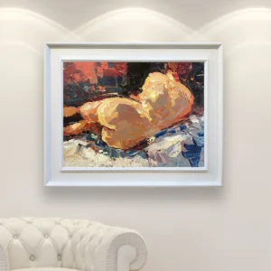 Figurative nude oil painting on canvas displayed in a refined interior, hand-painted artwork in a modern impressionist style with expressive color and form.