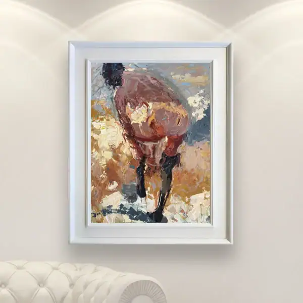 Detailed view of the vertical artistic nude painting in a thick white frame, highlighting the professional gallery presentation and textured surface.