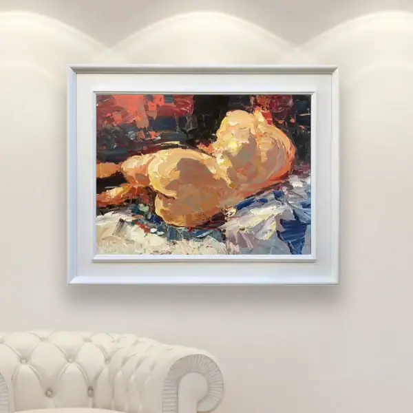 The reclining nude oil painting presented in an elegant white frame under gallery lighting, perfect for a high-end art collection.