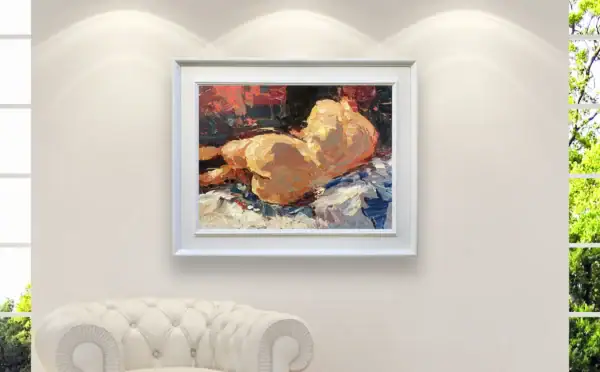 Large horizontal artistic nude painting displayed in a bright modern living room, adding a touch of contemporary Italian fine art above a white sofa.