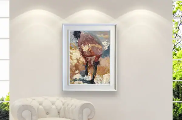 The artistic female back-view painting displayed in an elegant interior setting, showing how the warm colors and vertical format enhance a modern wall.