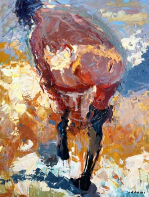 Original vertical artistic oil painting of a female figure from the back by Agostino Veroni, featuring warm earthy tones, blue accents, and heavy palette knife impasto.