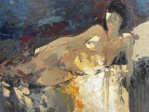 Original horizontal artistic oil painting of a reclining nude woman by Agostino Veroni, featuring golden skin tones and heavy palette knife texture against a dark blue background.