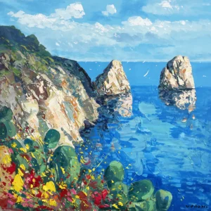 Original square oil painting of Capri's Faraglioni rocks by Agostino Veroni, featuring a turquoise sea, white sailboats, and colorful prickly pears with heavy palette knife texture.