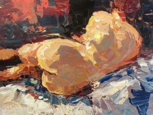 Original horizontal oil painting of a reclining nude female figure by Agostino Veroni, featuring warm skin tones and heavy palette knife texture on a dark background.
