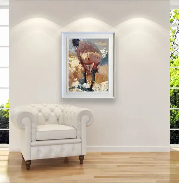 A modern, bright living room featuring Agostino Veroni's back-view nude oil painting in a white frame, placed next to a classic white armchair.